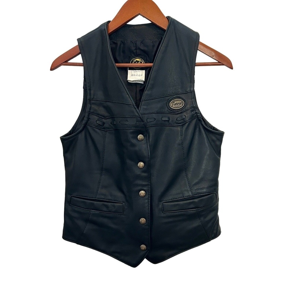 Vintage Bristol Size 10 Black Leather‎ Motorcycle Vest Snap Buckle